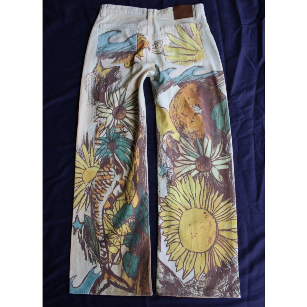 We The Free  tinsley beach scene printed denim jeans sunflowers wide leg barrel - Picture 12 of 14